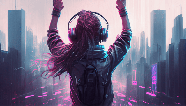 cyberpunk person winning first place holding hands in the air